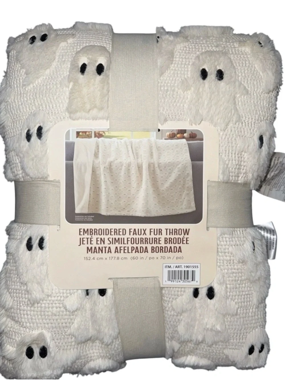 VIRAL HALLOWEEN Costco EMBROIDERED FAUX FUR BLANKET FALL THROW WHITE GHOSTS